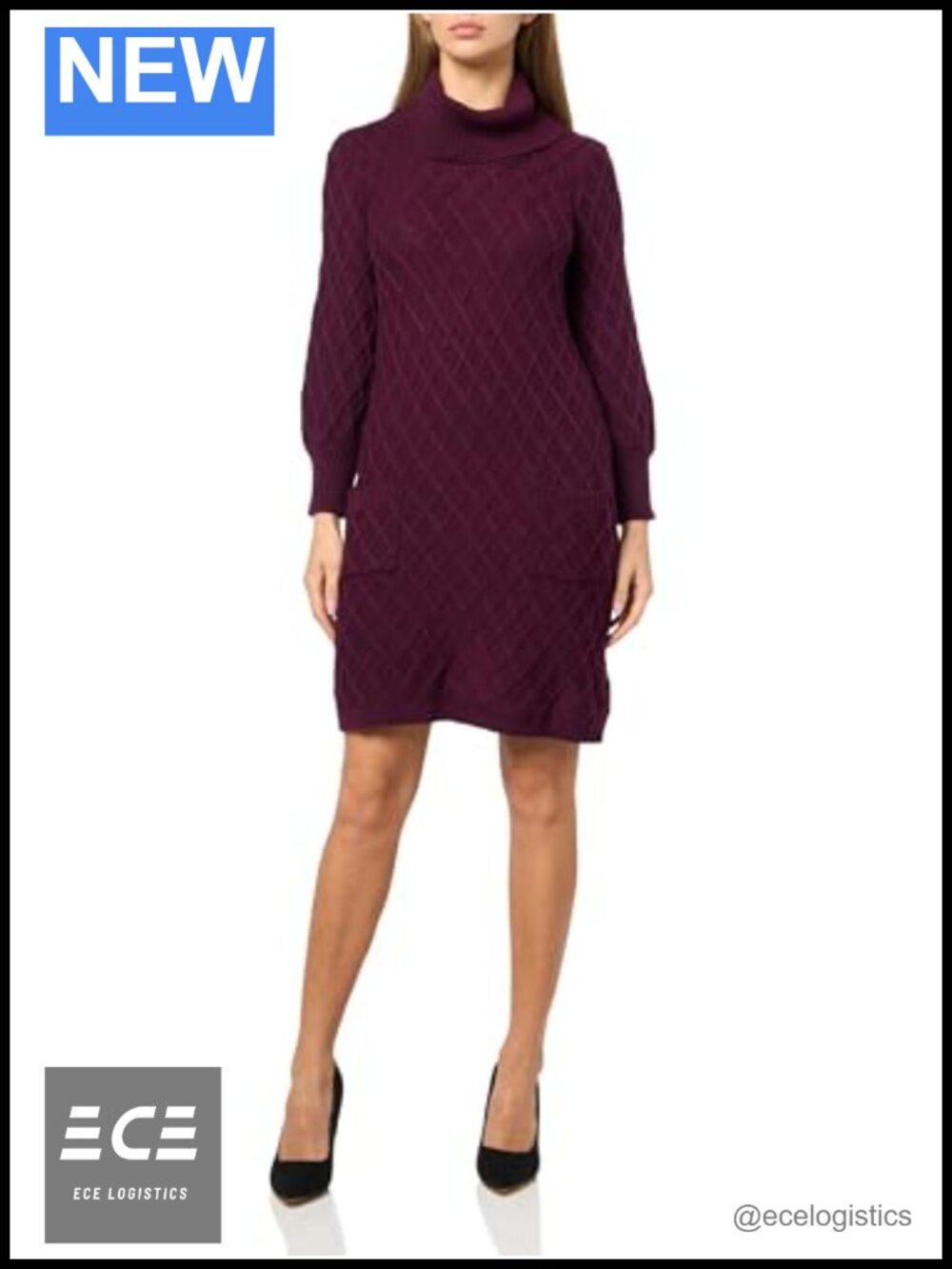 3/4 Sleeve Turtleneck Cable Knit Sweater Dress Shift Pull On